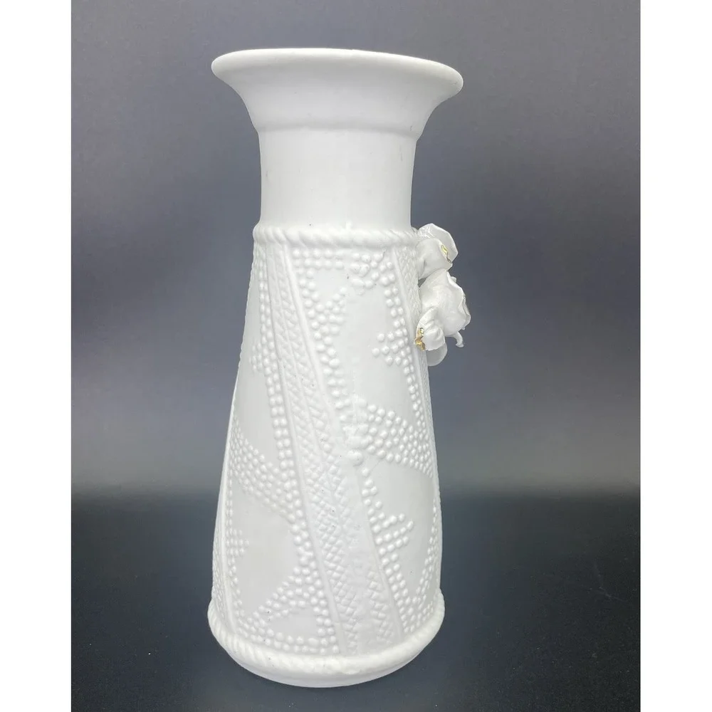 Vintage Ceramic White Vase with Roses/Gold Trim Matte /Glossy Glaze Textured